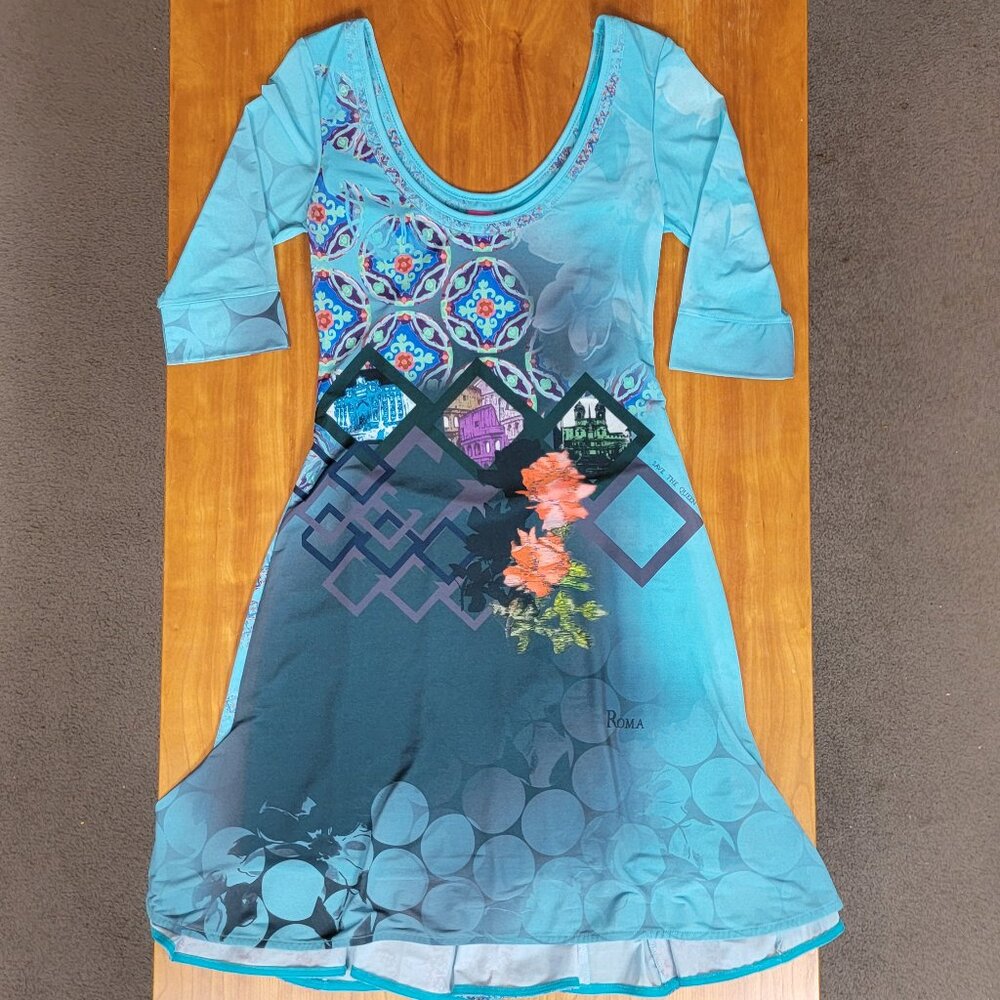 Save the Queen Teal Print 3/4 Sleeve Scoop Neck Dress - M - Picture 4 of 13